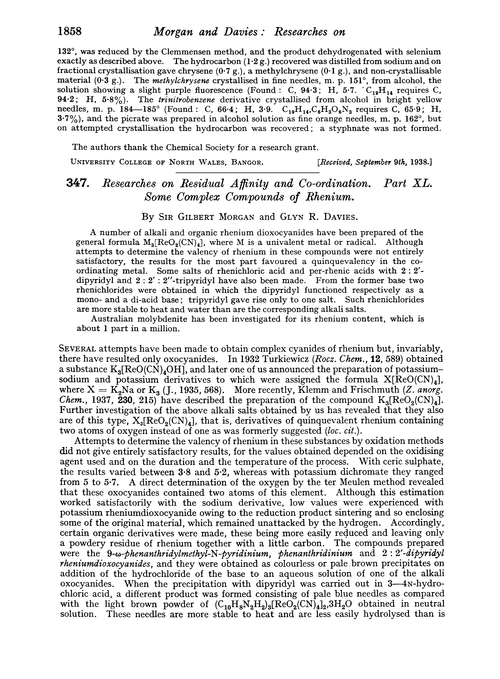 347. Researches on residual affinity and co-ordination. Part XL. Some complex compounds of rhenium