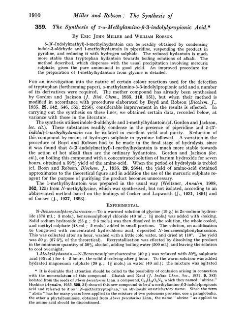 359. The synthesis of r-α-methylamino-β-3-indolylpropionic acid