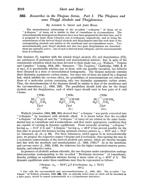 382. Researches in the thujone series. Part I. The thujones and some thujyl alcohols and thujylamines