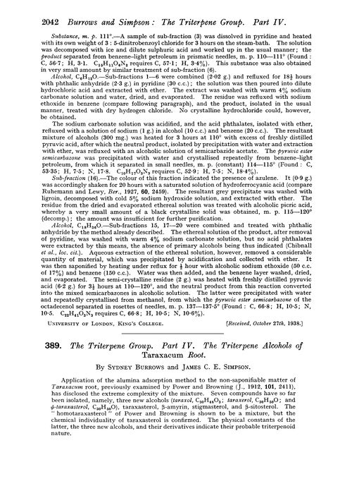 389. The triterpene group. Part IV. The triterpene alcohols of Taraxacum root