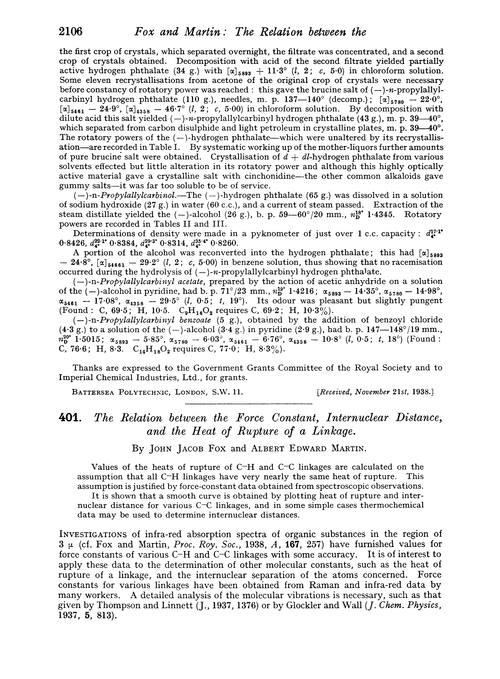 401. The relation between the force constant, internuclear distance, and the heat of rupture of a linkage