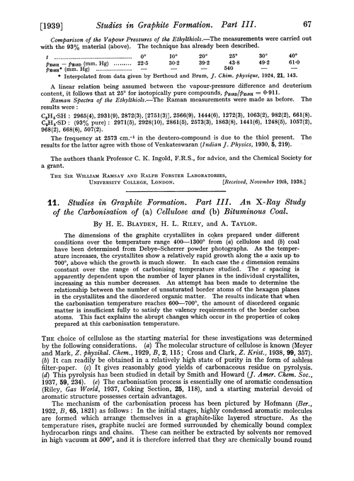 11. Studies in graphite formation. Part III. An X-ray study of the carbonisation of (a) cellulose and (b) bituminous coal