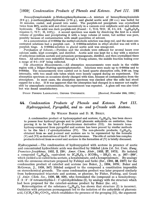 44. Condensation products of phenols and ketones. Part III. Hydroxyquinol, pyrogallol, and m- and p-cresols with acetone