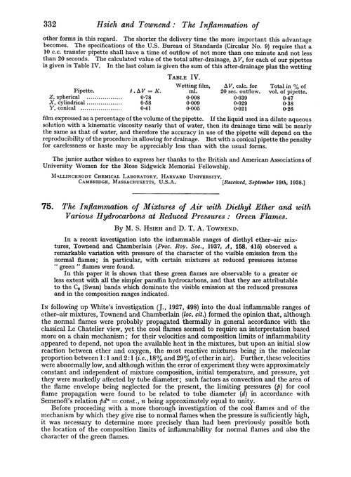 75. The inflammation of mixtures of air with diethyl ether and with various hydrocarbons at reduced pressures : green flames