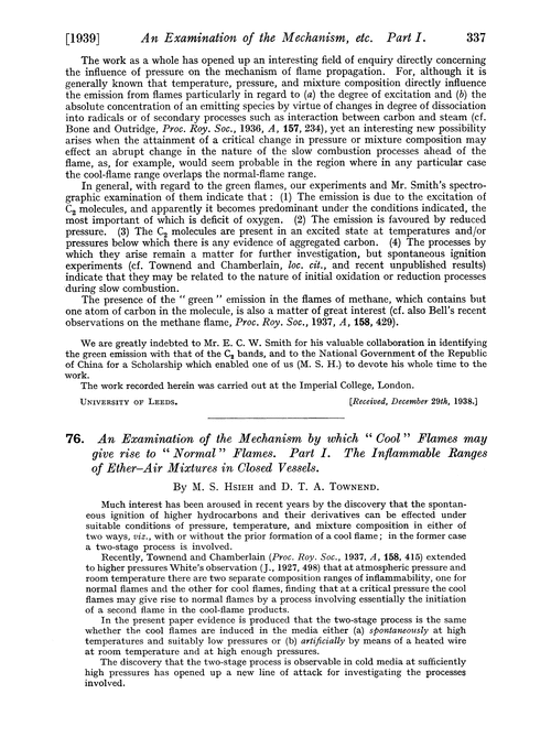 76. An examination of the mechanism by which “cool” flames may give rise to “normal” flames. Part I. The inflammable ranges of ether–air mixtures in closed vessels