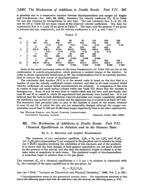 82. The mechanism of additions to double bonds. Part VII. Chemical equilibrium in solution and in the gaseous state