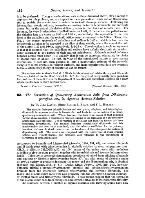 92. The formation of quaternary ammonium salts from dihalogenoparaffins, etc., in aqueous acetone solution