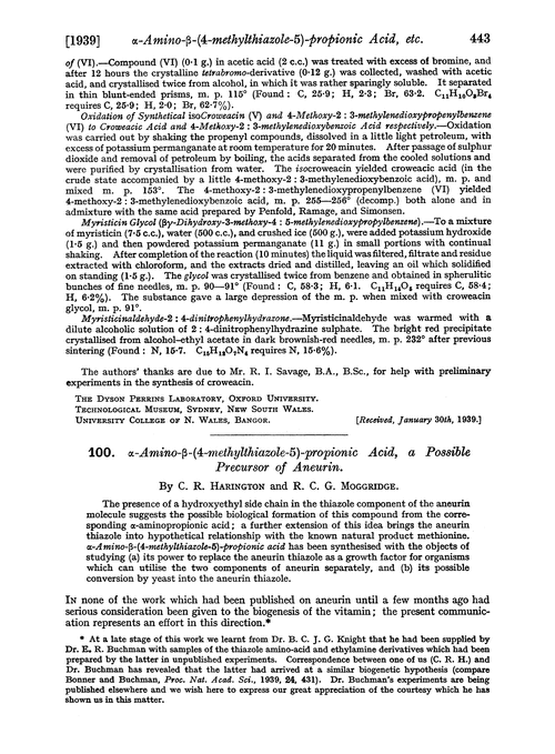 100. α-Amino-β-(4-methylthiazole-5)-propionic acid, a possible precursor of aneurin