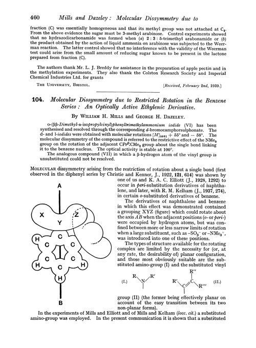 104. Molecular dissymmetry due to restricted rotation in the benzene series : an optically active ethylenic derivative