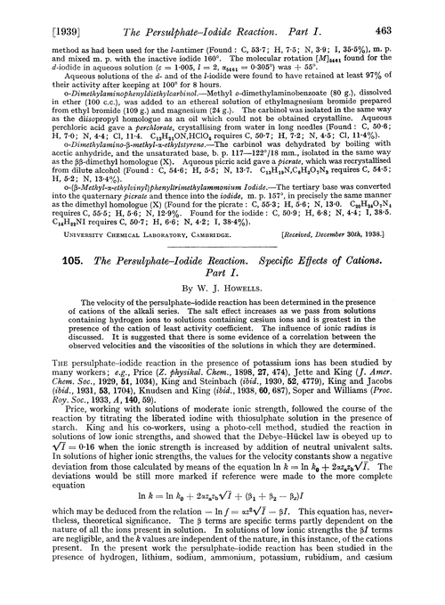 105. The persulphate–iodide reaction. Specific effects of cations. Part I