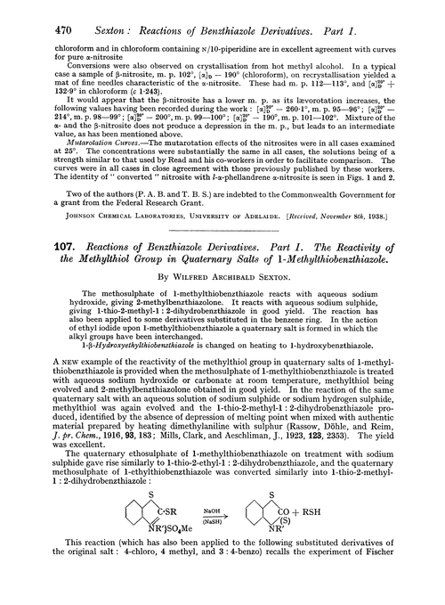 107. Reactions of benzthiazole derivatives. Part I. The reactivity of the methylthiol group in quaternary salts of 1-methylthiobenzthiazole