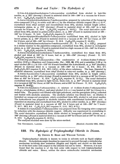 110. The hydrolysis of triphenylmethyl chloride in dioxan