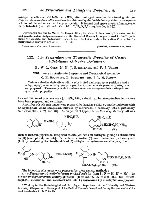 112. The preparation and therapeutic properties of certain 4-substituted quinoline derivatives