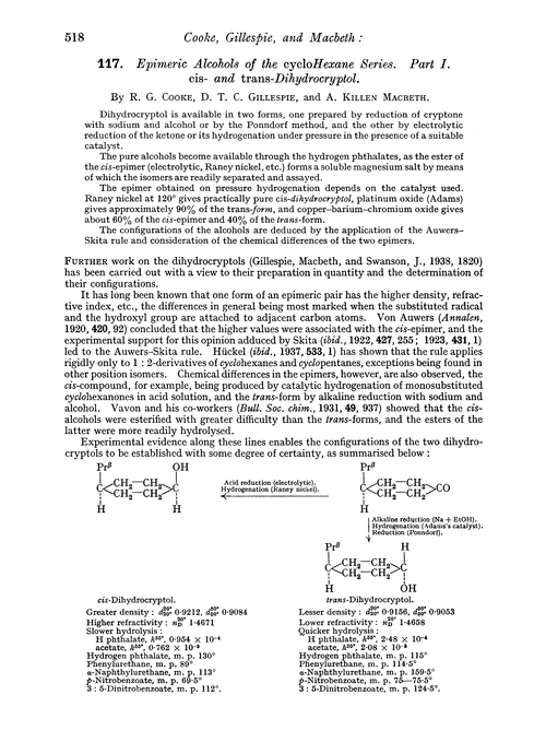 117. Epimeric alcohols of the cyclohexane series. Part I. cis- and trans-Dihydrocryptol