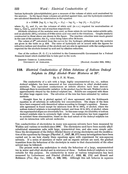 118. Electrical conductivities of dilute solutions of sodium dodecyl sulphate in ethyl alcohol–water mixtures at 20°