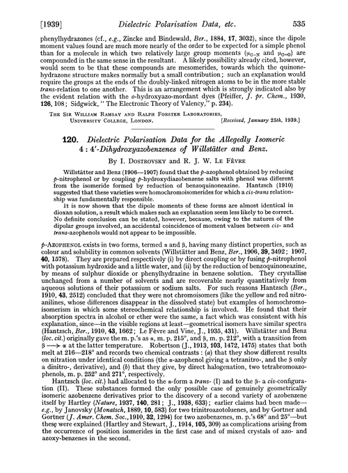 120. Dielectric polarisation data for the allegedly isomeric 4 : 4′-dihydroxyazobenzenes of Willstätter and Benz