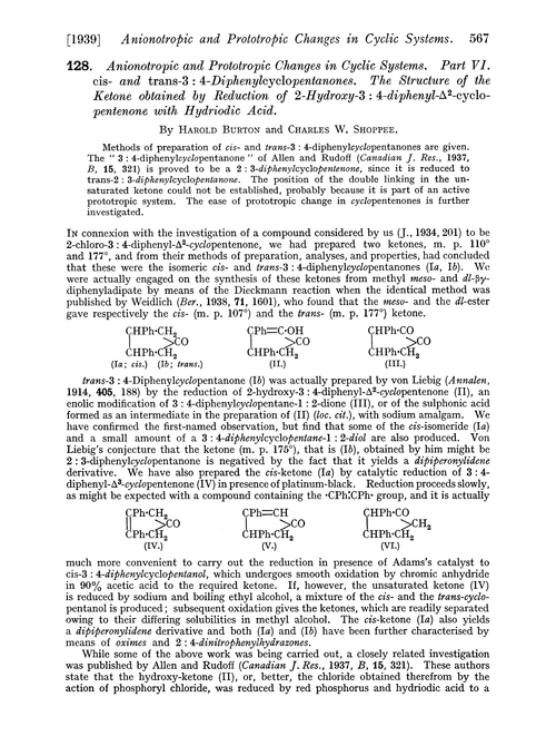 128. Anionotropic and prototropic changes in cyclic systems. Part VI. cis- and trans-3 : 4-Diphenylcyclopentanones. The structure of the ketone obtained by reduction of 2-hydroxy-3 : 4-diphenyl-Δ2-cyclopentenone with hydriodic acid