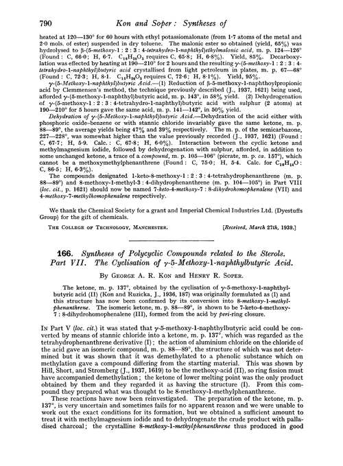 166. Syntheses of polycyclic compounds related to the sterols. Part VII. The cyclisation of γ-5-methoxy-1-naphthylbutyric acid