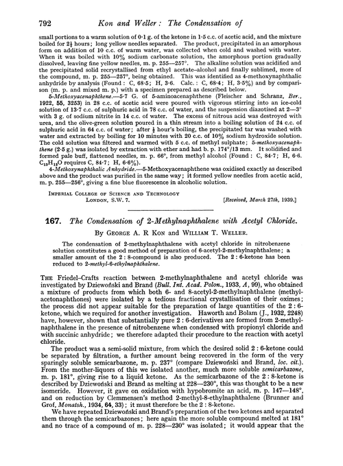 167. The condensation of 2-methylnaphthalene with acetyl chloride