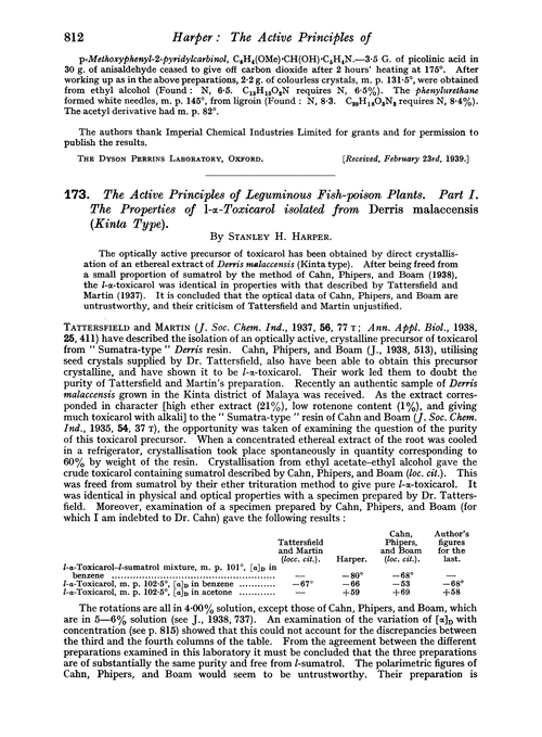 173. The active principles of leguminous fish-poison plants. Part I. The properties of l-α-toxicarol isolated from Derris malaccensis(Kinta type)