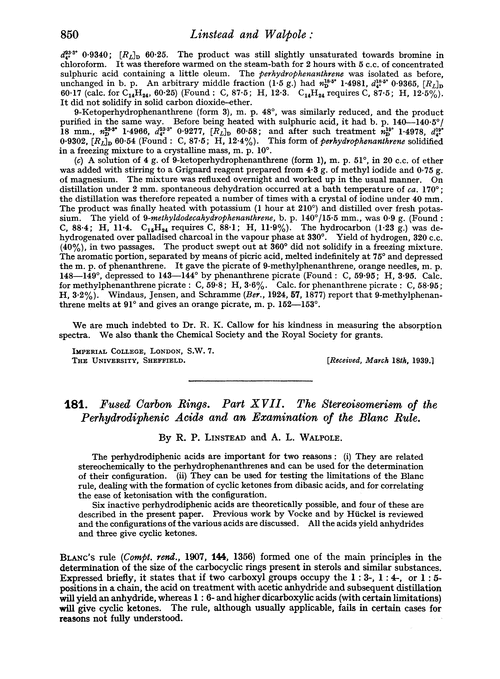 181. Fused carbon rings. Part XVII. The stereoisomerism of the perhydrodiphenic acids and an examination of the Blanc rule