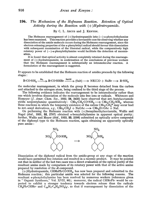 194. The mechanism of the Hofmann reaction. Retention of optical activity during the reaction with (+)hydratropamide
