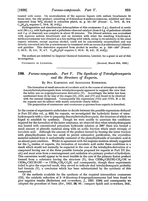 198. Furano-compounds. Part V. The synthesis of tetrahydroeuparin and the structure of euparin