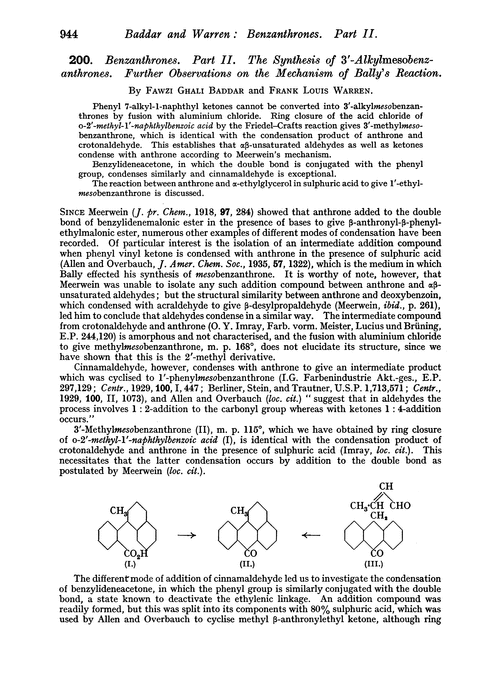 200. Benzanthrones. Part II. The synthesis of 3′-alkylmesobenzanthrones. Further observations on the mechanism of Bally's reaction