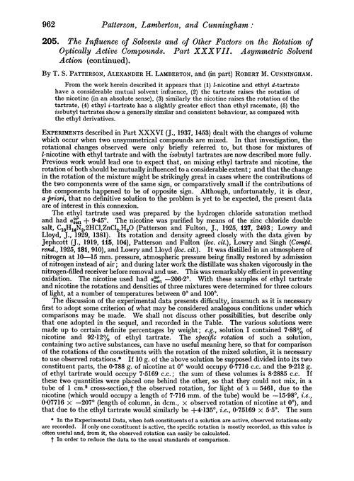 205. The influence of solvents and of other factors on the rotation of optically active compounds. Part XXXVII. Asymmetric solvent action (continued)
