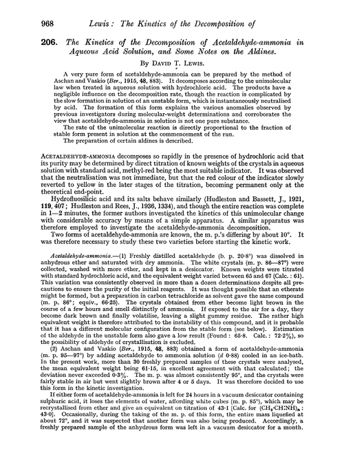 206. The kinetics of the decomposition of acetaldehyde-ammonia in aqueous acid solution, and some notes on the aldines