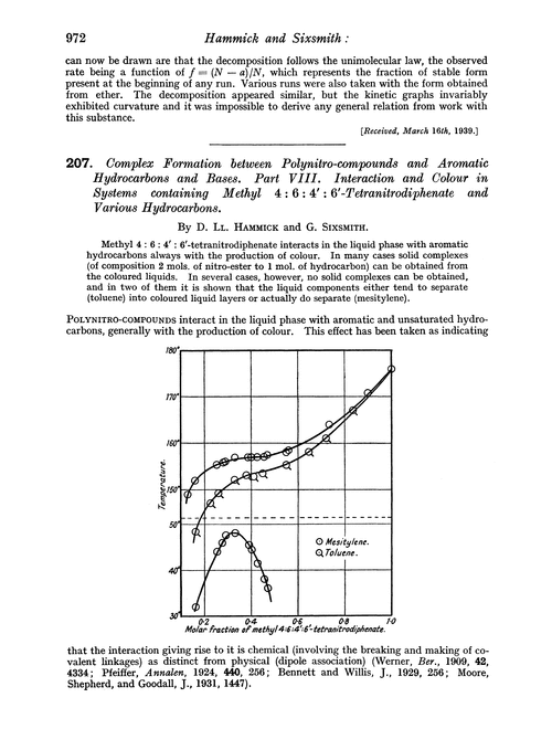 207. Complex formation between polynitro-compounds and aromatic hydrocarbons and bases. Part VIII. Interaction and colour in systems containing methyl 4 : 6 : 4′ : 6′-tetranitrodiphenate and various hydrocarbons