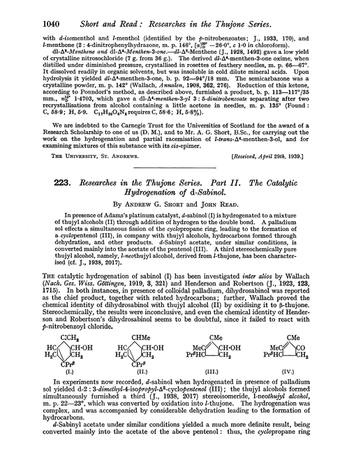223. Researches in the thujone series. Part II. The catalytic hydrogenation of d-sabinol