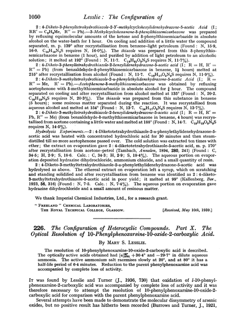 226. The configuration of heterocyclic compounds. Part X. The optical resolution of 10-phenylphenoxarsine-10-oxide-2-carboxylic acid