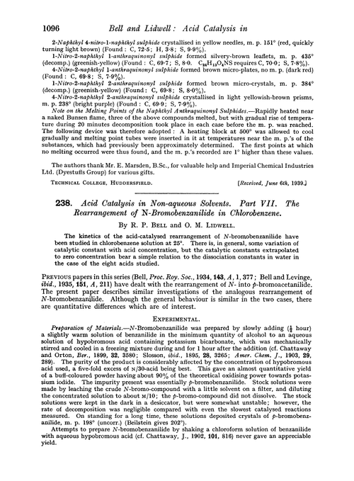 238. Acid catalysis in non-aqueous solvents. Part VII. The rearrangement of N-bromobenzanilide in chlorobenzene