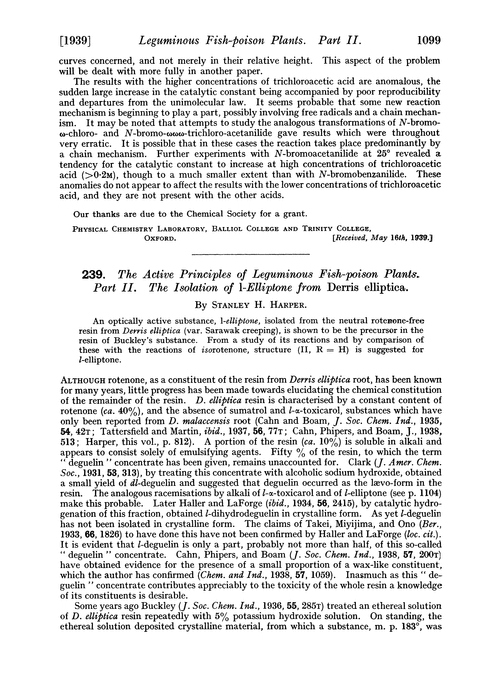 239. The active principles of leguminous fish-poison plants. Part II. The isolation of 1-elliptone from Derris elliptica