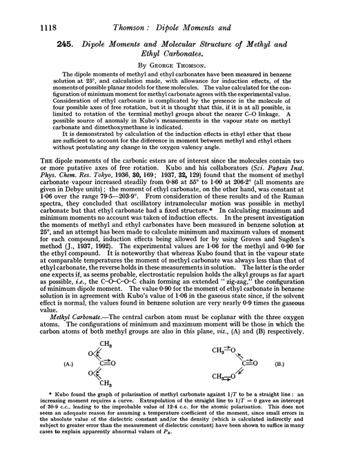 245. Dipole moments and molecular structure of methyl and ethyl carbonates