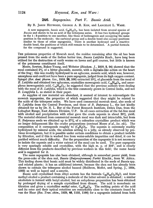 246. Sapogenins. Part V. Bassic acid