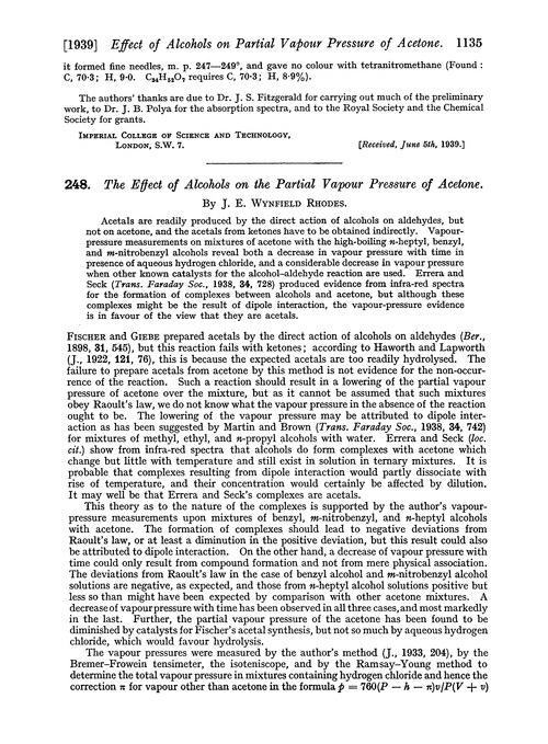 248. The effect of alcohols on the partial vapour pressure of acetone