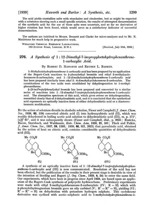 276. A synthesis of 1 : 12-dimethyl-7-isopropyloctahydrophenanthrene-1-carboxylic acid
