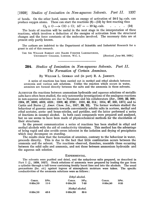284. Studies of ionisation in non-aqueous solvents. Part II. The formation of certain ammines
