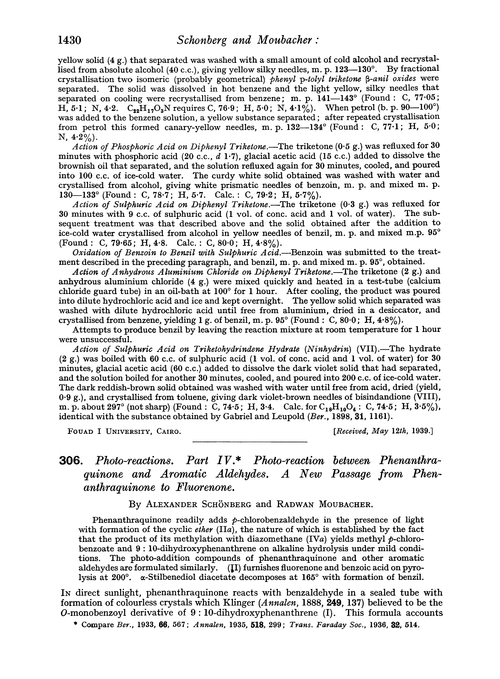 306. Photo-reactions. Part IV. Photo-reaction between phenanthraquinone and aromatic aldehydes. A new passage from phenanthraquinone to fluorenone