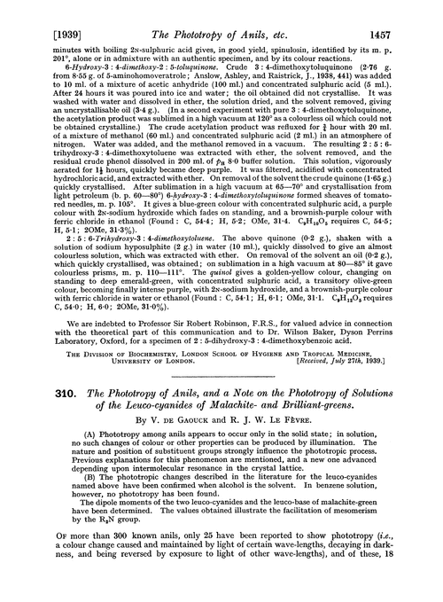 310. The phototropy of anils, and a note on the phototropy of solutions of the leuco-cyanides of malachite- and brilliant-greens