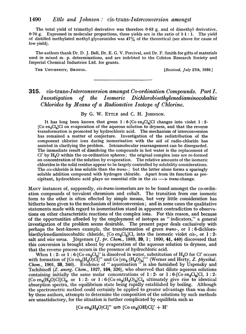 315. cis-trans-Interconversion amongst co-ordination compounds. Part I. Investigation of the isomeric dichlorobisethylenediaminocobaltic chlorides by means of a radioactive isotope of chlorine