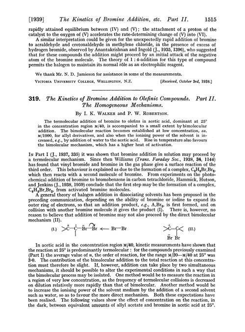 319. The kinetics of bromine addition to olefinic compounds. Part II. The homogeneous mechanisms