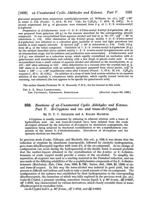 323. Reactions of αβ-unsaturated cyclic aldehydes and ketones. Part V. dl-Cryptone and cis- and trans-dl-cryptol