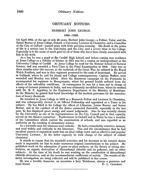 Obituary notices: Herbert John George, 1893–1939; Moses William Jones, 1869–1938; John Paterson, 1862–1939