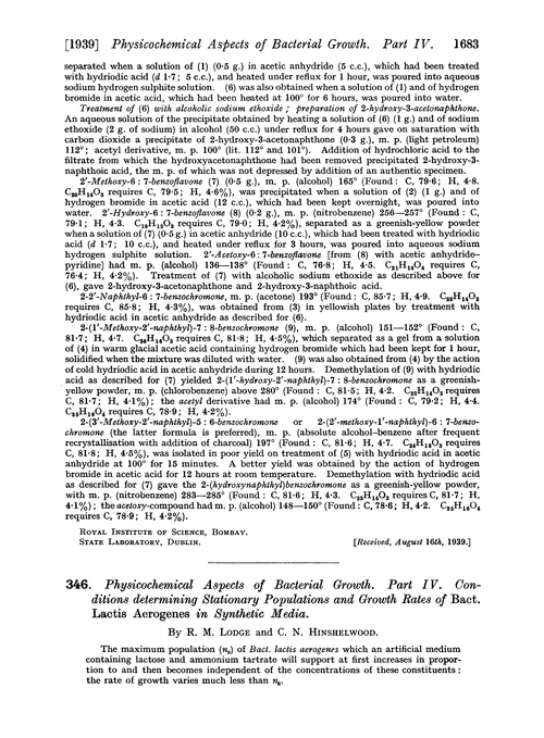 346. Physicochemical aspects of bacterial growth. Part IV. Conditions determining stationary populations and growth rates of Bact. lactis aerogenes in synthetic media