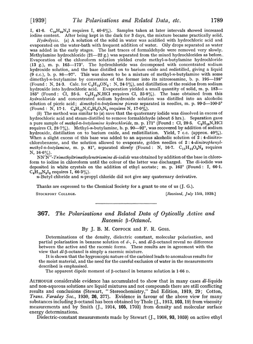 367. The polarisations and related data of optically active and racemic β-octanol