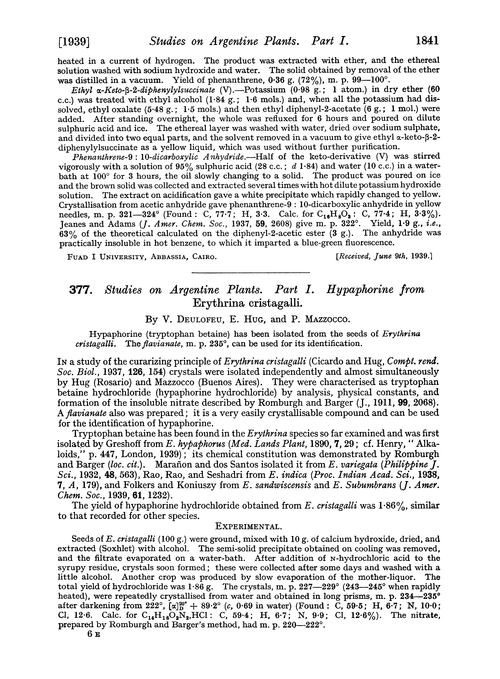 377. Studies on Argentine plants. Part I. Hypaphorine from Erythrina cristagalli
