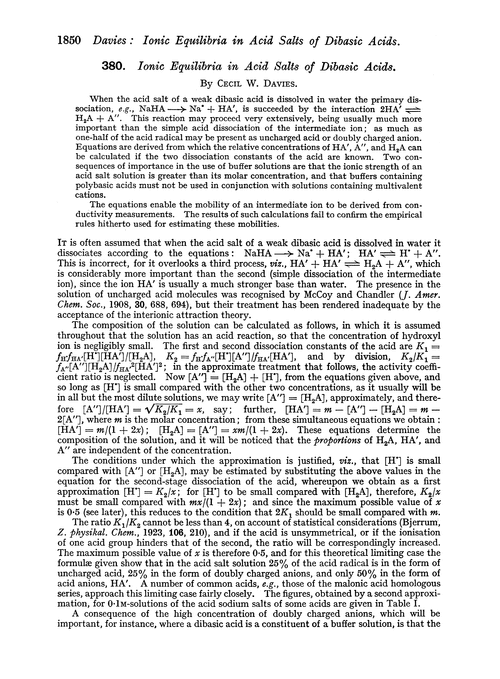 380. Ionic equilibria in acid salts of dibasic acids